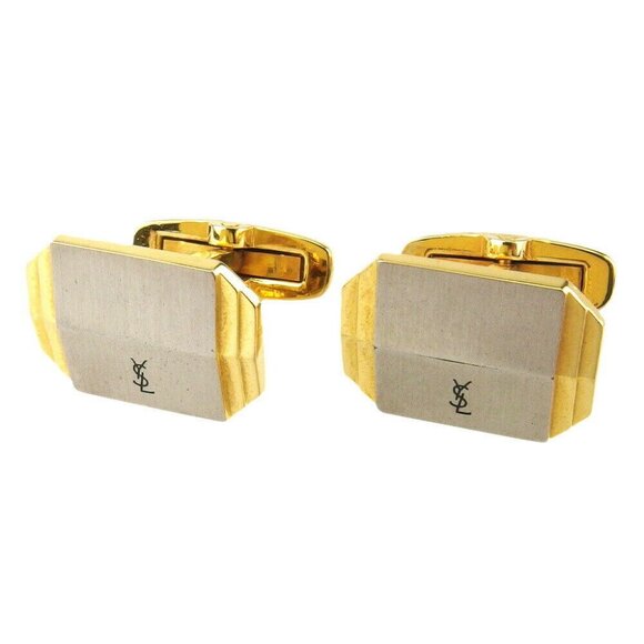 SAINT LAURENT cuffs YSL logo Gold & Silver hardware Authentic Used T19928 authen
